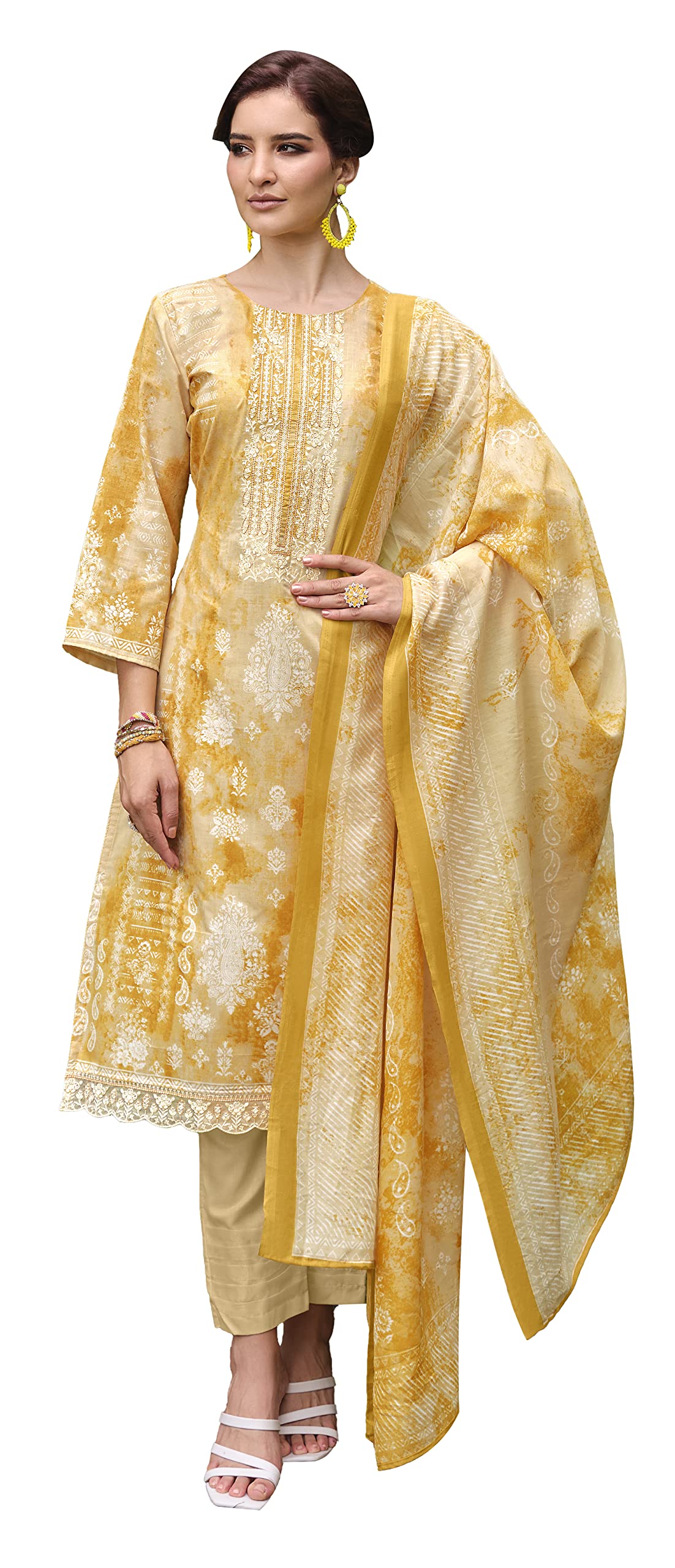 DRAVINAM Trends Unstitched Printed Embroidered Lace Work Cotton Salwar Suits Dress Material with Cotton Dupatta