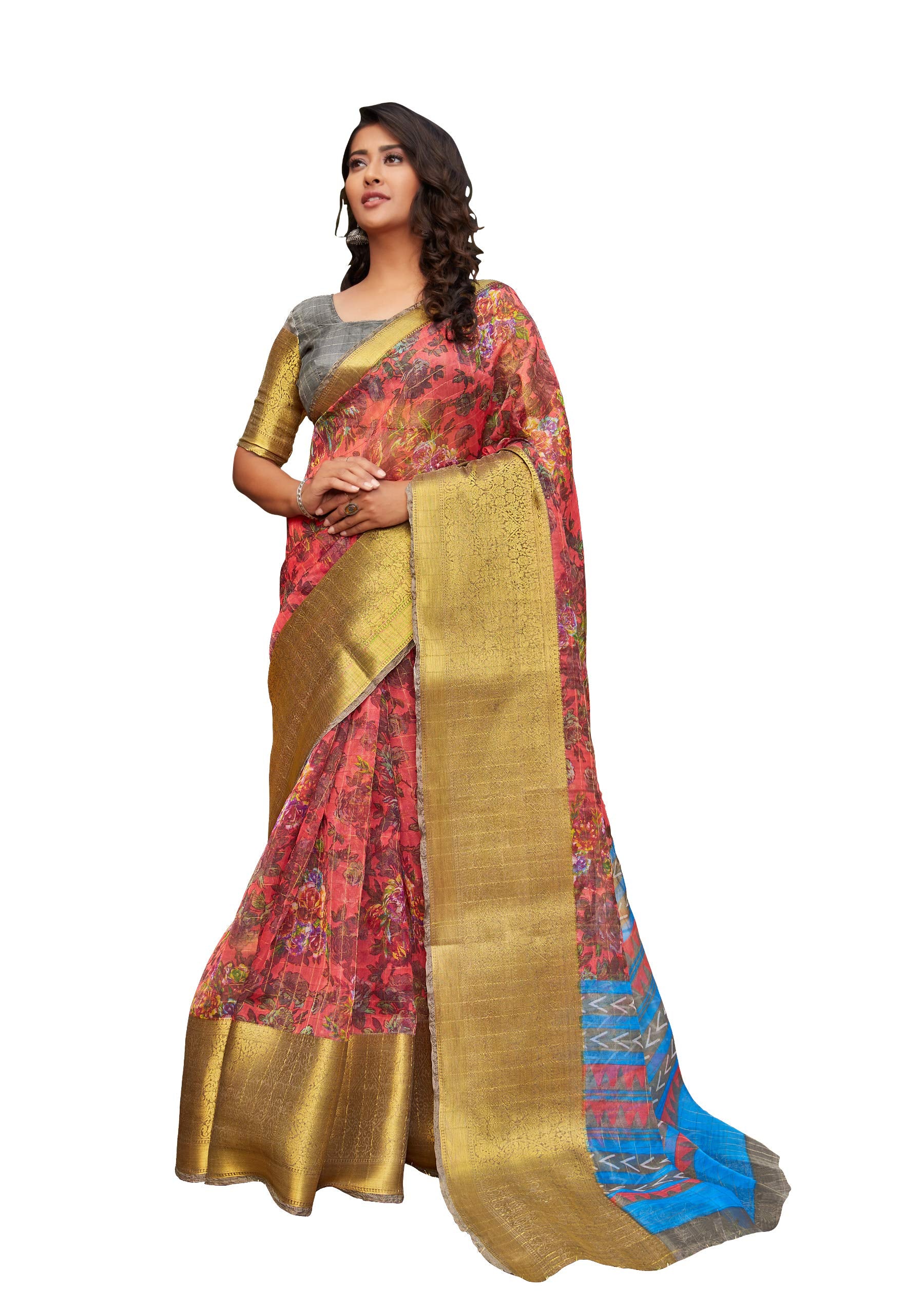 DRAVINAM Trends Women's Jacquard Organza Saree With Blouse Piece (Or_4_Pink, Peach And Blue)