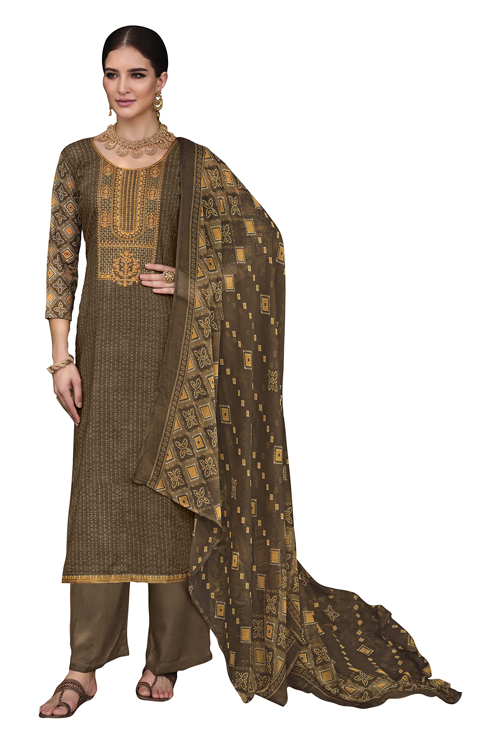 DRAVINAM Trends Unstitched Printed Embroidered Rayon Salwar Suits Set with Chiffon Dupatta (Green)