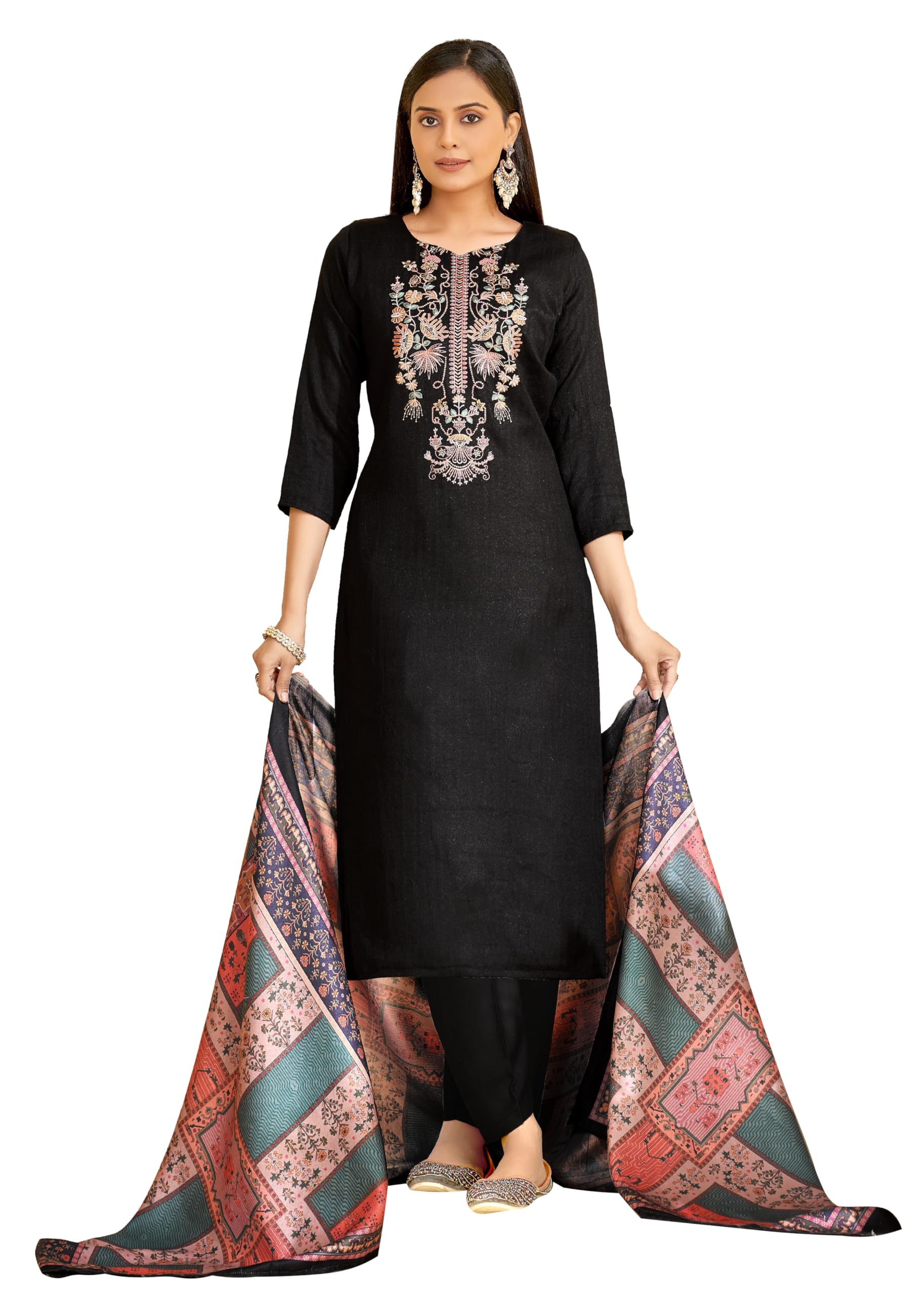 DRAVINAM Trends Women's Unstitched Winter Wear Woollen Pashmina Embroidered Salwar Suit Dress Material with Pashmina Printed Shawl Dupatta