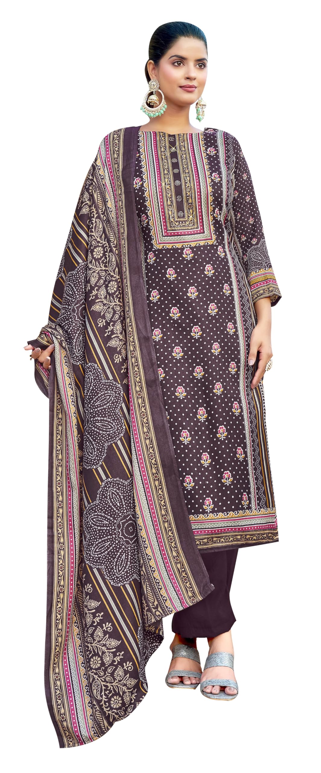 DRAVINAM Trends Women's Unstitched Winter Wear Kashmiri Kani Printed Swaroski Work Heavy Woolen Pashmina Salwar Suit Dress Material with Twill Printed Shawl Dupatta