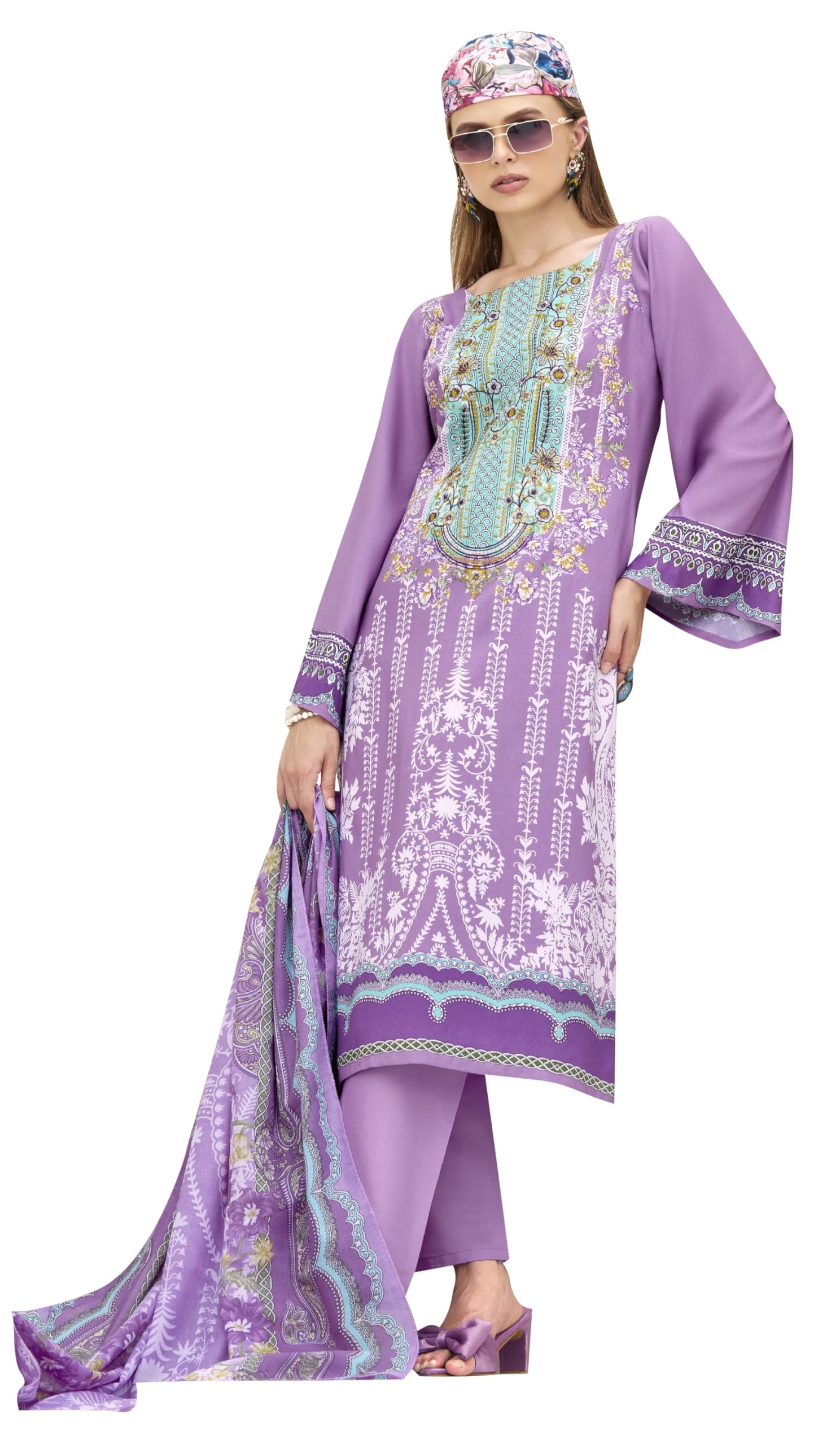 DRAVINAM Trends Unstitched Pakistani Embroidered Pure Rayon Salwar Suit Dress Materials with Cotton Dupatta