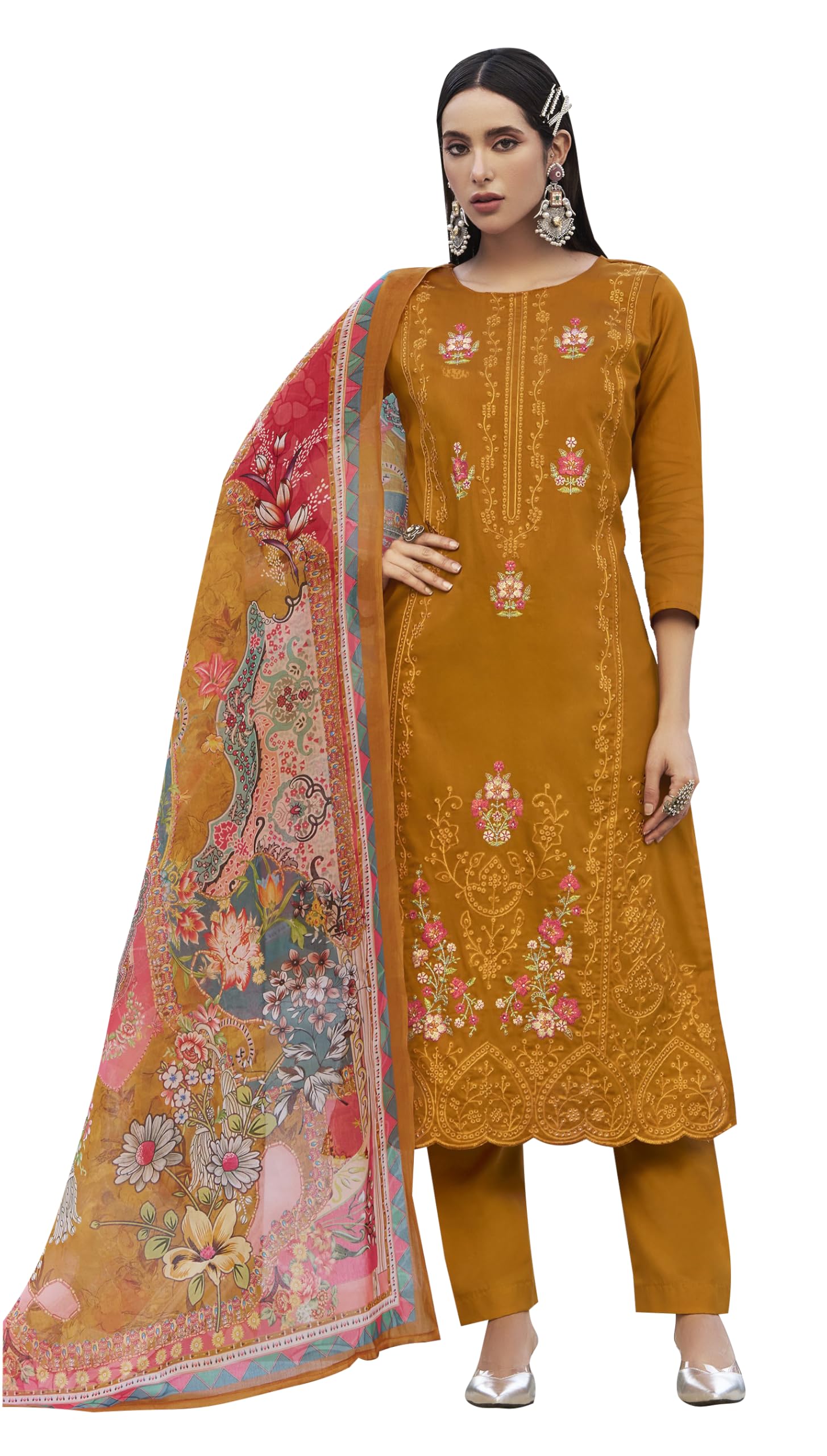 DRAVINAM Trends Women's Unstitched Jam Cotton Embroidered Suit Material - Jam Cotton Heavy Embroidered Cutwork Shirt II Rayon Bottoms II Cotton Printed Dupatta
