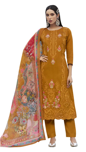 DRAVINAM Trends Women's Unstitched Jam Cotton Embroidered Suit Material - Jam Cotton Heavy Embroidered Cutwork Shirt II Rayon Bottoms II Cotton Printed Dupatta