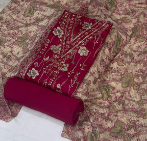 DRAVINAM Trends Women's Unstitched Jaam Cotton Dress Material | Printed Embroidered Unstitched Suit Set with Rayon Bottoms and Printed Dupatta