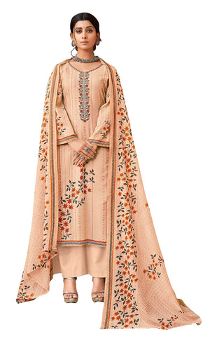 DRAVINAM Trends Women's Printed Embroidered Unstitched Pure Cotton Salwar Suit Material with Pure Nazneen Chiffon Chunni (Grey)