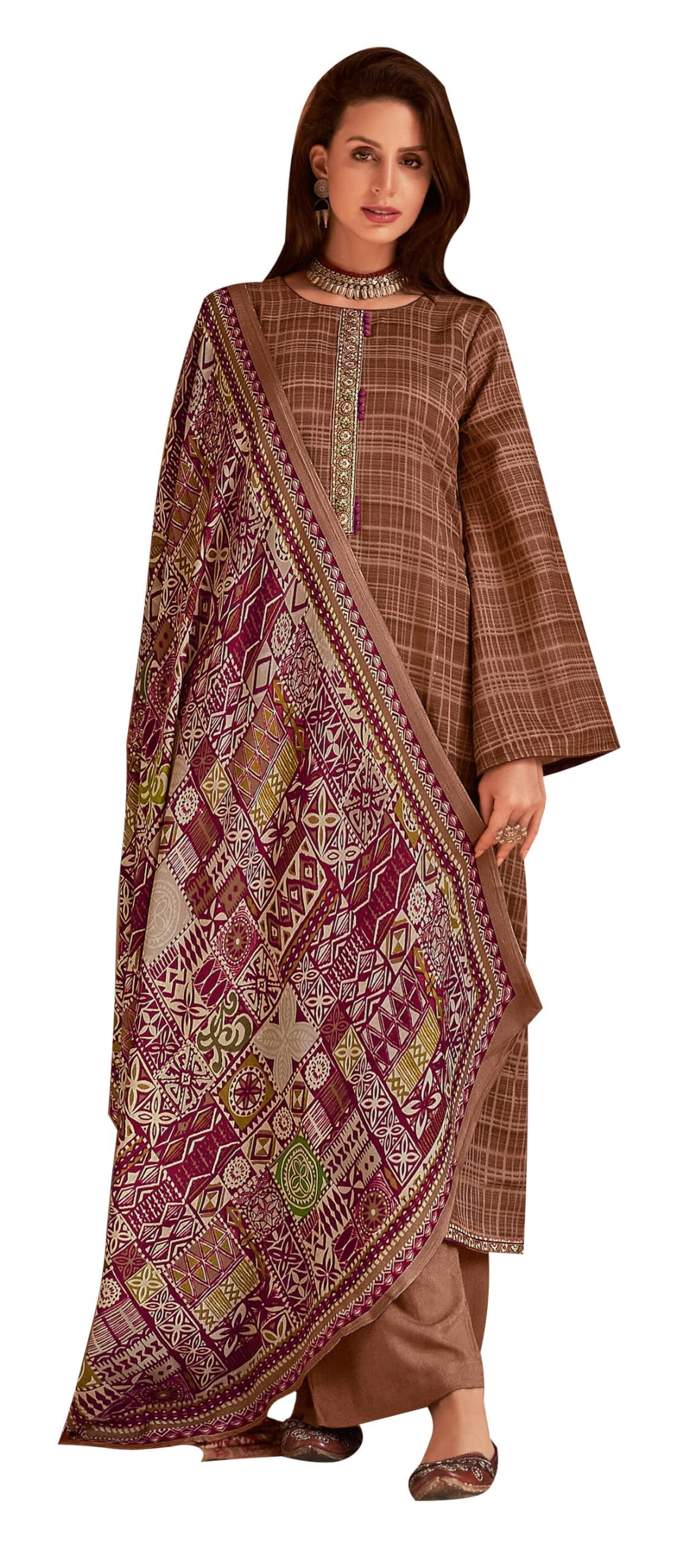 DRAVINAM Trends Women's Unstitched self Check Print embroidered Pure Woollen Pashmina Salwar Suit Dress Material with printed Pure woolen shawl dupatta (Green)