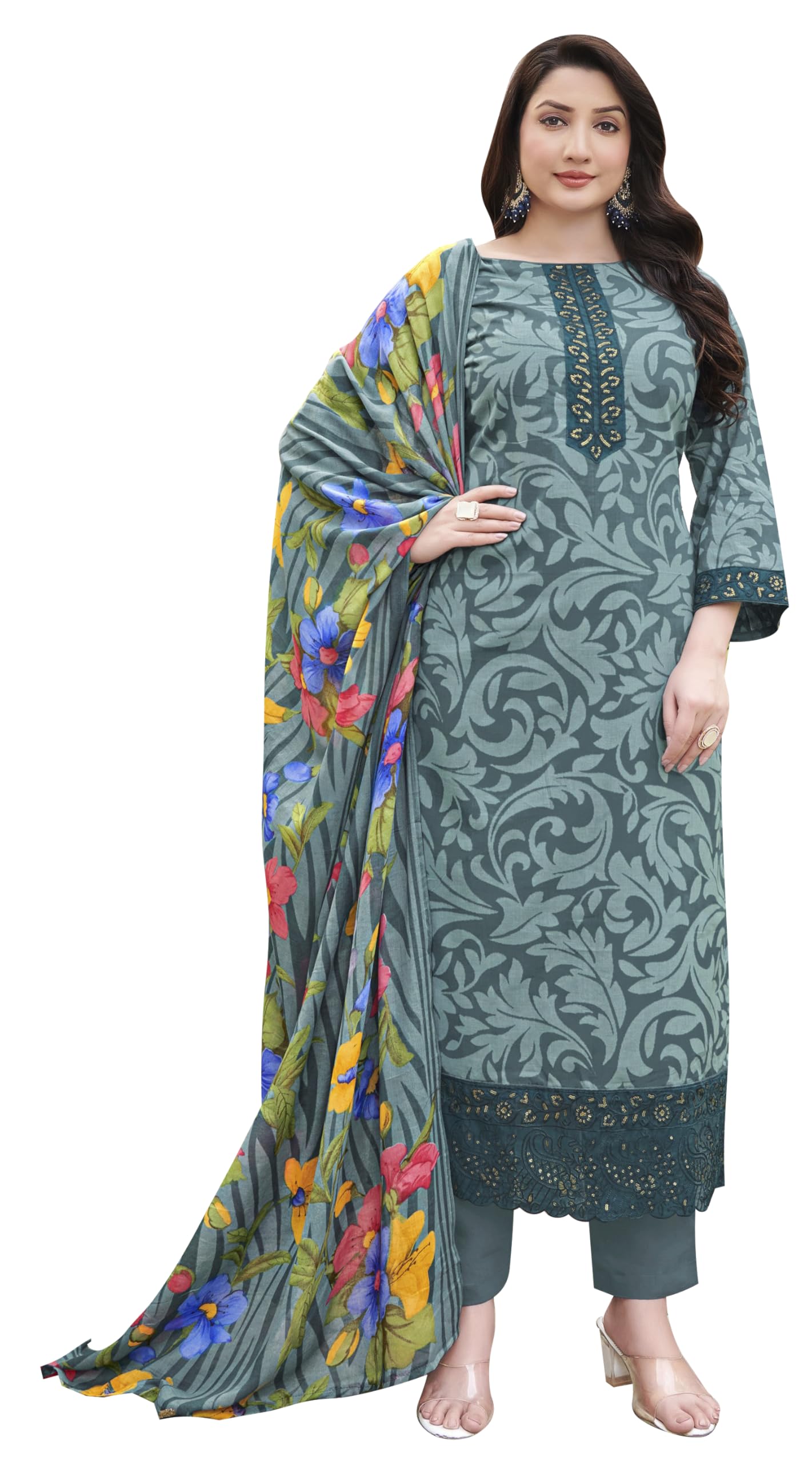 DRAVINAM Trends Kurti 2.50 mtrs,Pure Cotton Solid (2.7 m), Pure Cotton Mal Mal Print Dupatta (2.25 m)|Brown
