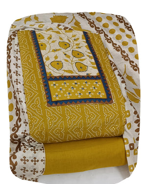 DRAVINAM Trends Women's Unstitched Cambric Cotton Dress Material Salwar Suit Set with Dupatta | Geometric Batik Print & Embellished Neckline (Multicolor)