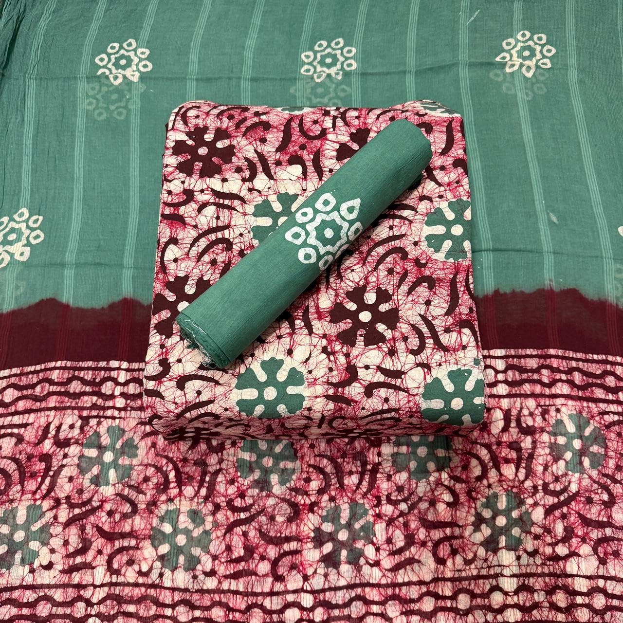 DRAVINAM Trends Unstitched Jaipuri Handmade Multicolour Wax Batik Print Soft Cotton Dress Material with Dupatta