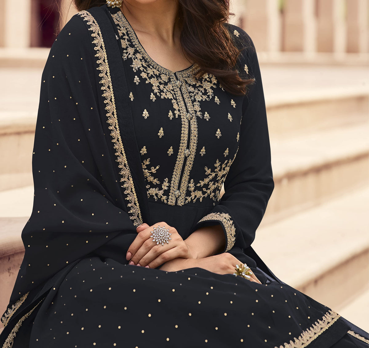 DRAVINAM Trends Women's Pure Georgette Heavy Zari Embroidered Anarkali Unstitched Suit Gown material with Georgette Embroidered and Swaroski work Dupatta (Free Size_Pinkish Red)