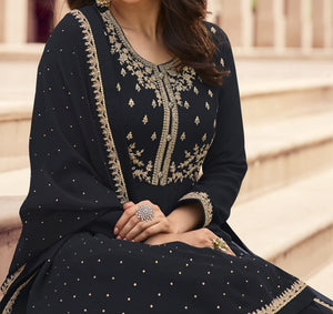 DRAVINAM Trends Women's Pure Georgette Heavy Zari Embroidered Anarkali Unstitched Suit Gown material with Georgette Embroidered and Swaroski work Dupatta (Free Size_Pinkish Red)