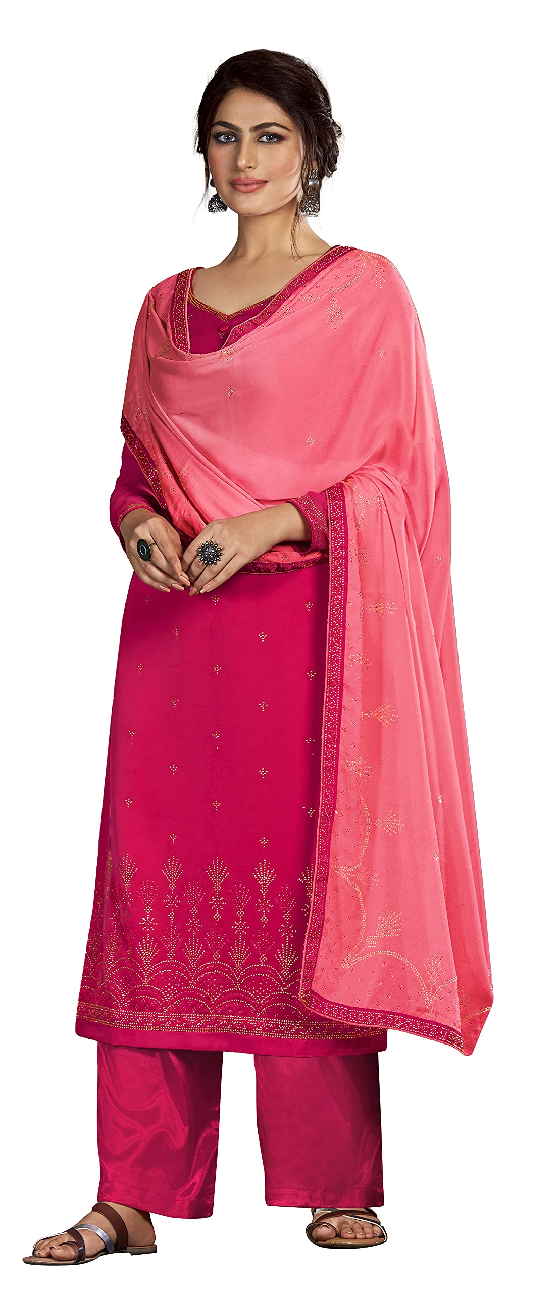 DRAVINAM Trends Women's Siroski Work Satin Georgette Palazzo Style Suit Dress Material with Heavy Pure Georgette Swaroski work Dupatta (Free size_Dark Pink and Light Pink)