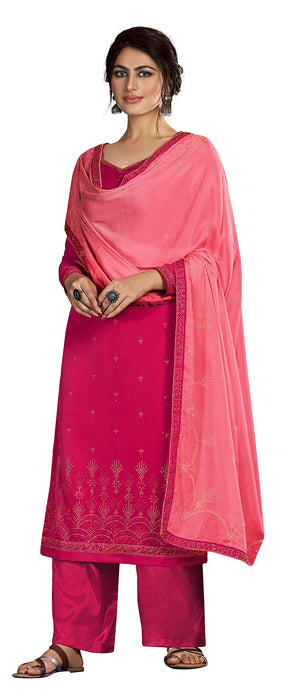 DRAVINAM Trends Women's Siroski Work Satin Georgette Palazzo Style Suit Dress Material with Heavy Pure Georgette Swaroski work Dupatta (Free size_Dark Pink and Light Pink)