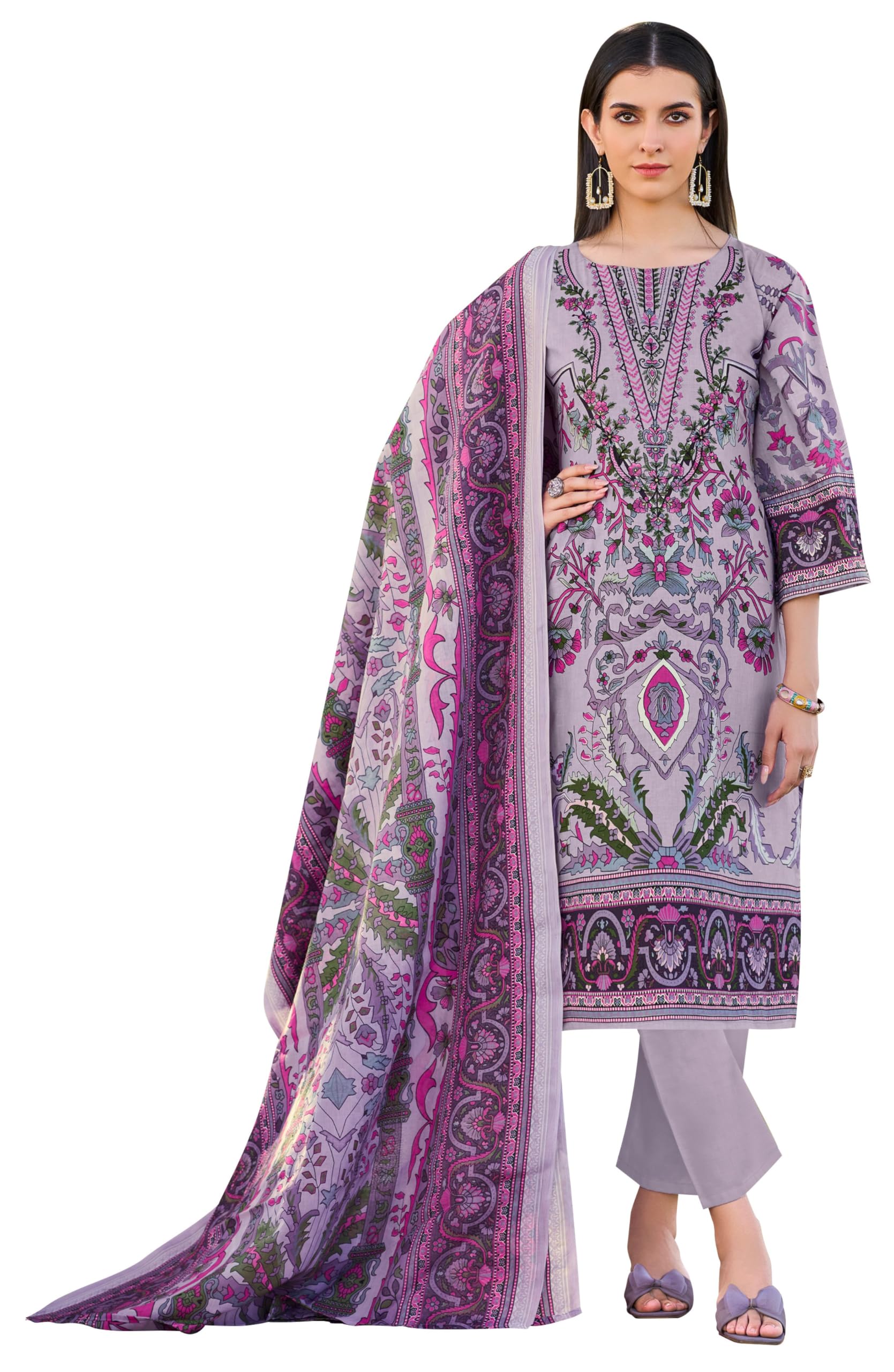 DRAVINAM Trends Pure Cotton Digital Print Pakistani Embroidered Suit Dress Material with Unstitched Bottoms and Cotton Dupatta