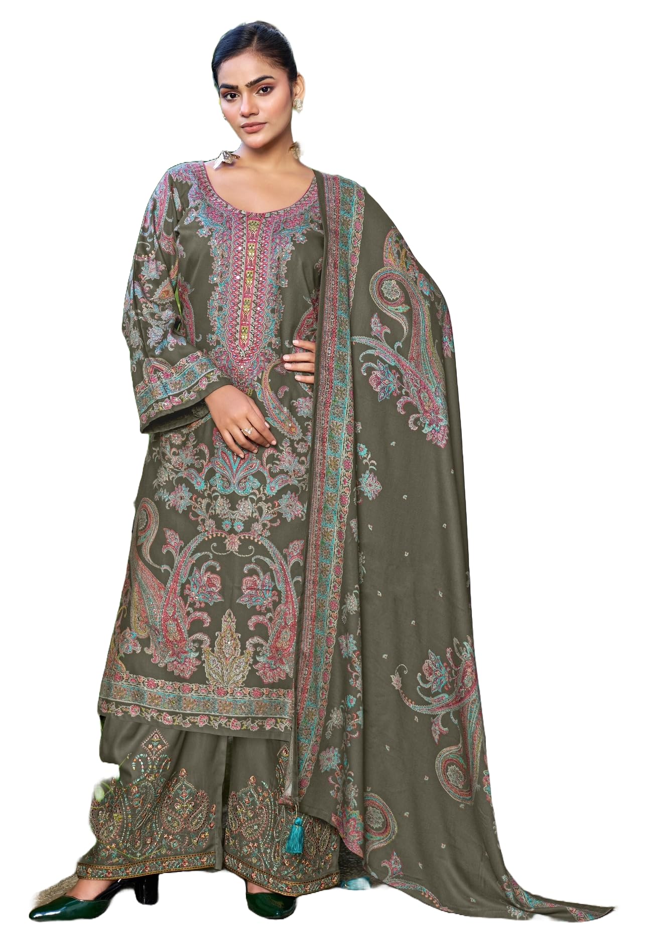 DRAVINAM Trends Women's Winter Wear Unstitched Digital Kashmiri Printed Viscose Pashmina Woollen Salwar Suit Dress Material with Khatli Work and Foil touchup and Pashmina Printed Shawl Dupatta