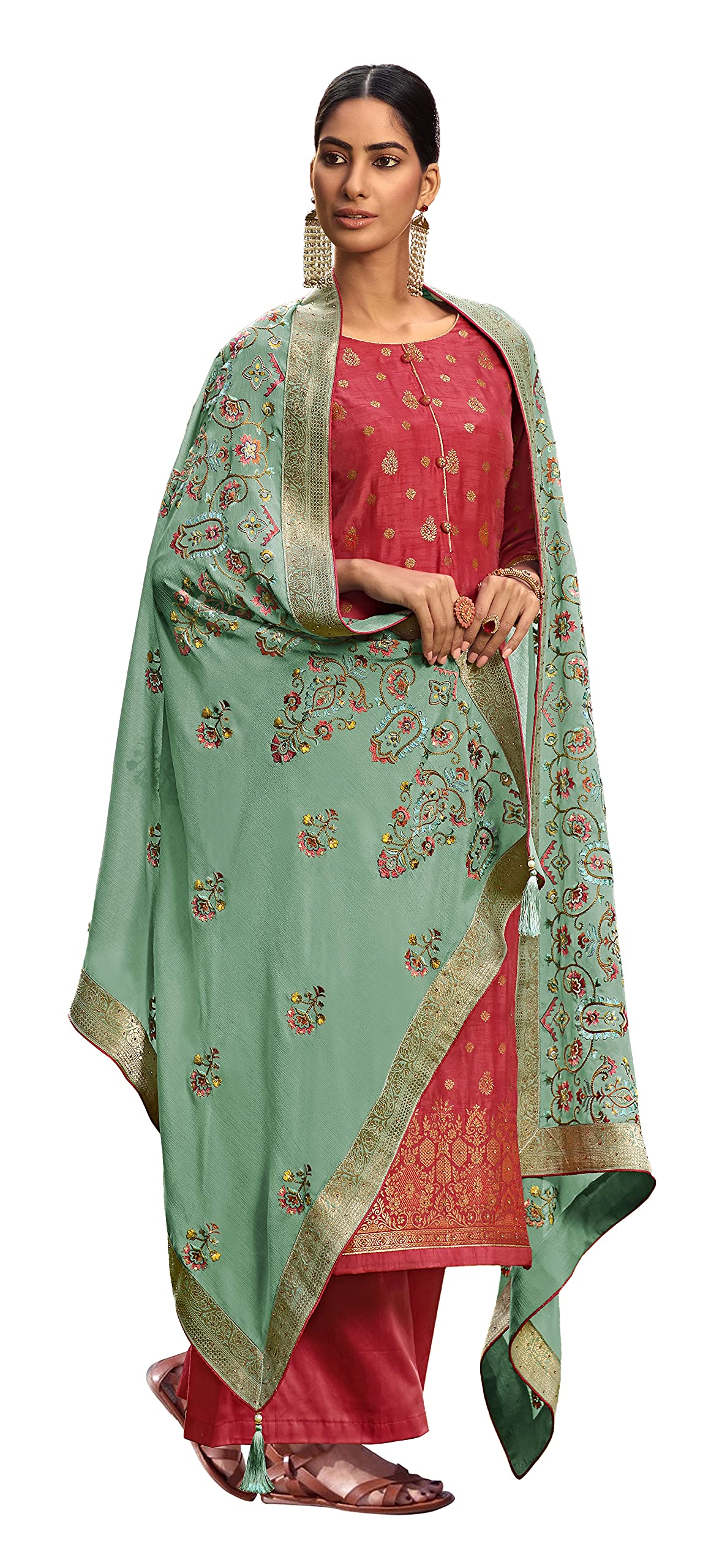 DRAVINAM Trends Women's Pure Banarasi Silk Jacquard Sequence embroidered Unstitched Salwar Suit Dress material with Chinon Silk Sequence and Embroidered Heavy Dupatta (Free size_Blue)