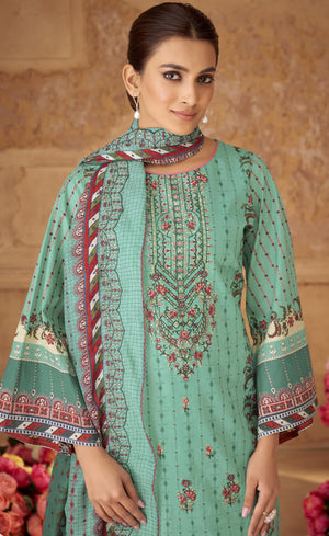 DRAVINAM Trends Unstitched Cotton Suit Dress Material Set: Pakistani Print Top Fabric with Embroidery | Customizable Solid Bottoms | Cotton Fancy Dupatta