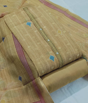 Elegant Women's Linen Floral Unstitched Dress Material Suit Set | Malai Cotton Bottom & Linen Dupatta with Tassels (Yellow)