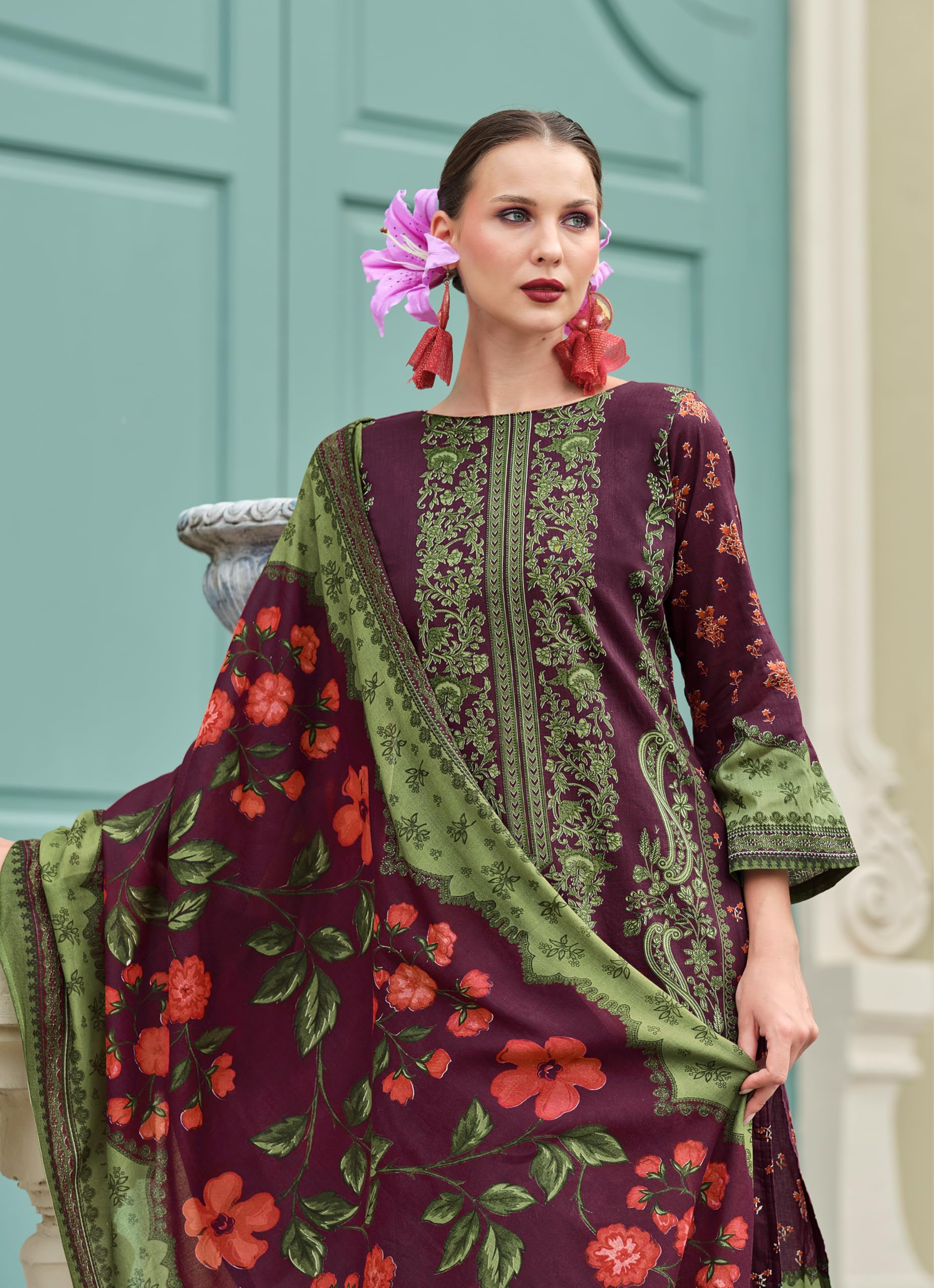 DRAVINAM Trends Unstitched Suit Material – Pure Cotton Digital Prints Daman Organza Embroidery Kameez, Cotton Bottoms and Dupatta
