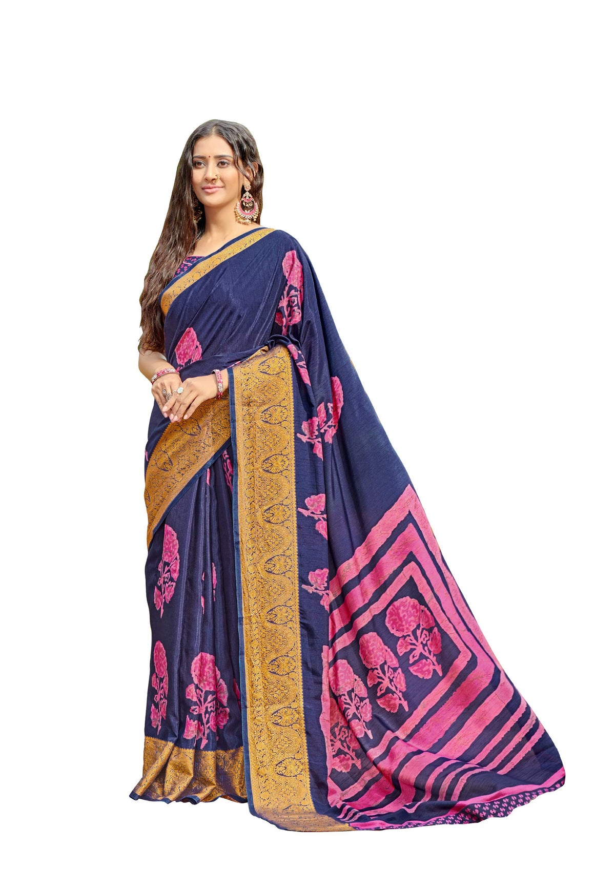 DRAVINAM Trends Women's Pure Dola Silk Printed Saree with Soft Viscose Woven Border and Blouse Piece (Violet Blue)