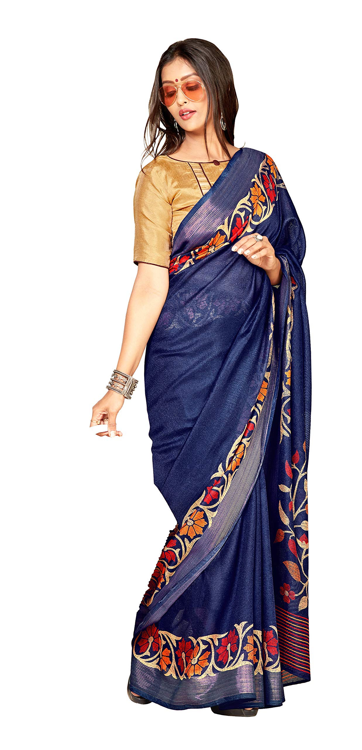 DRAVINAM Trends Women's Khadi Linen Saree With Un-stitched Blouse (SareePe_10_Gold & Blue)