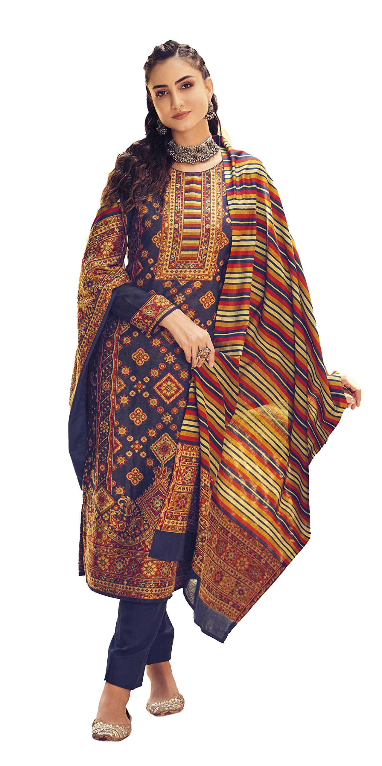 DRAVINAM Trends Women's Winter wear Pure Handloom Jacquard Weaving Wool pashmina salwar suit Dress material with Pure Handloom Weaving Pashmina wool shawl dupatta (Blue)