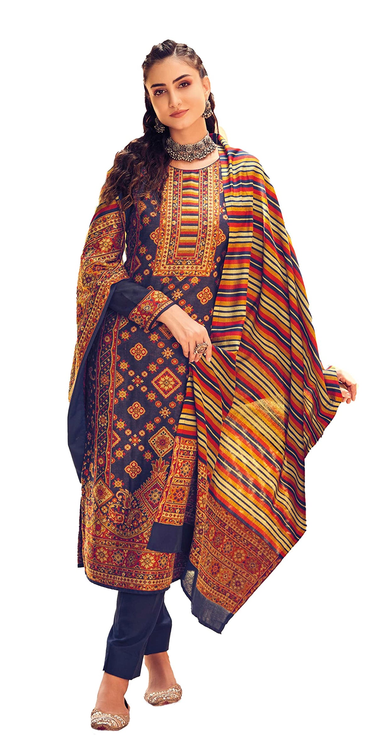 DRAVINAM Trends Women's Winter wear Pure Handloom Jacquard Weaving Wool pashmina salwar suit Dress material with Pure Handloom Weaving Pashmina wool shawl dupatta (Grey)