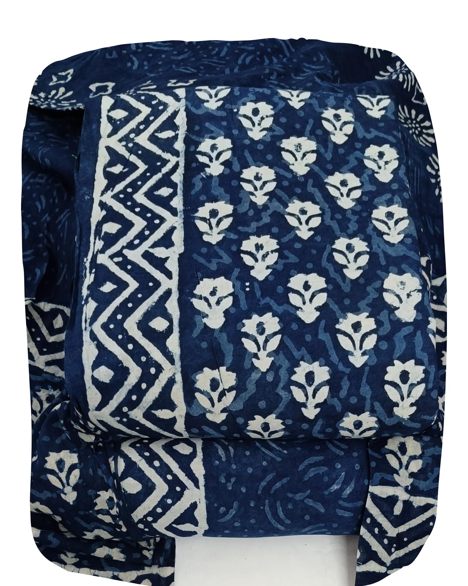 DRAVINAM Trends Hand Block Dabu Print Indigo Cambric Unstitched Cotton Suit Dress Material for Women with Mulmul Cotton Hand Printed Dupatta