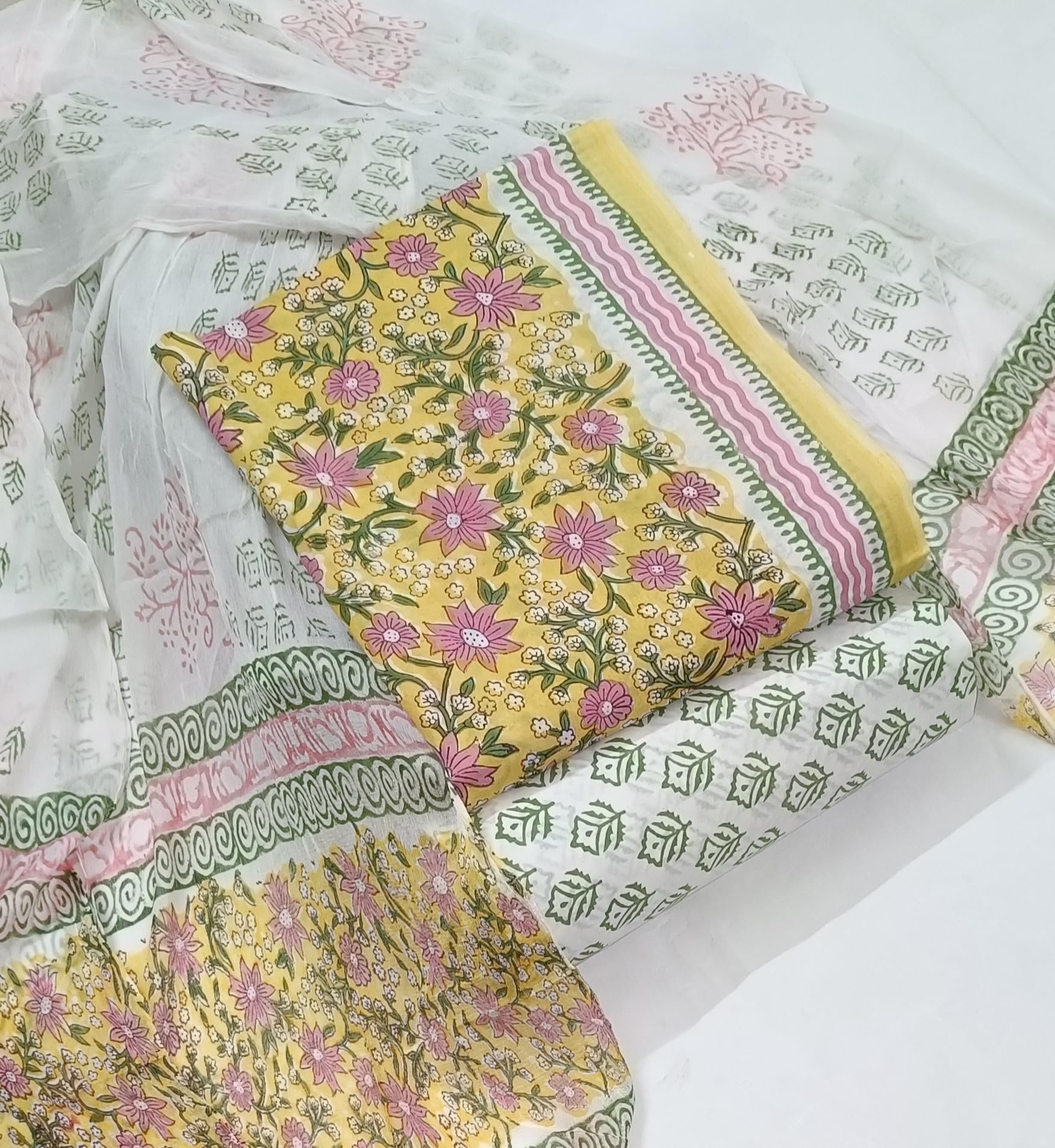 DRAVINAM Trends Hand Block Print Pure Cambric Cotton Unstitched Suit Material with Chiffon Hand Printed Dupatta