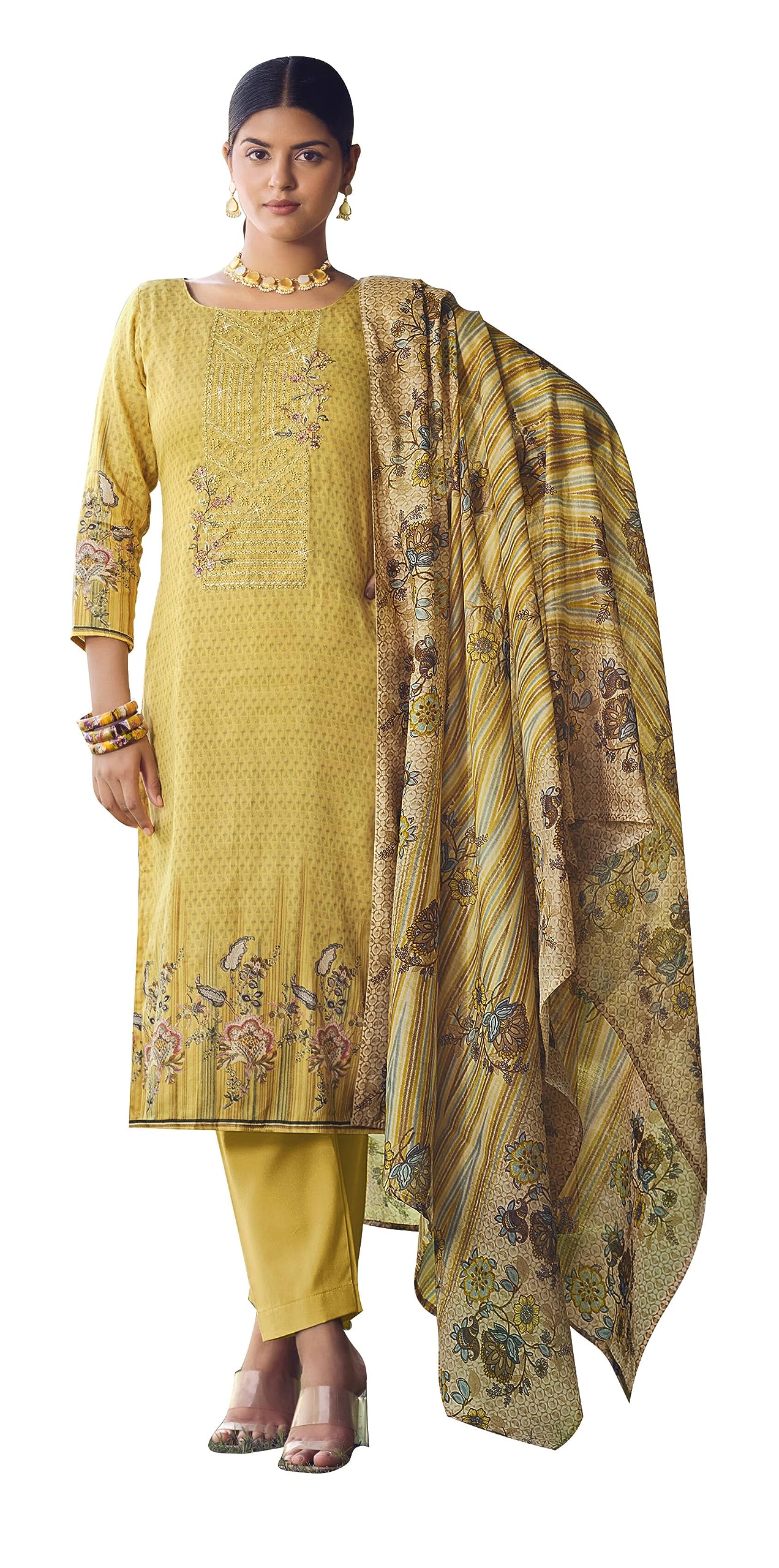 DRAVINAM Trends Women Unstitched Pakistani Print Embroidered Cotton Salwar Suit Dress Materials With Cotton Dupatta