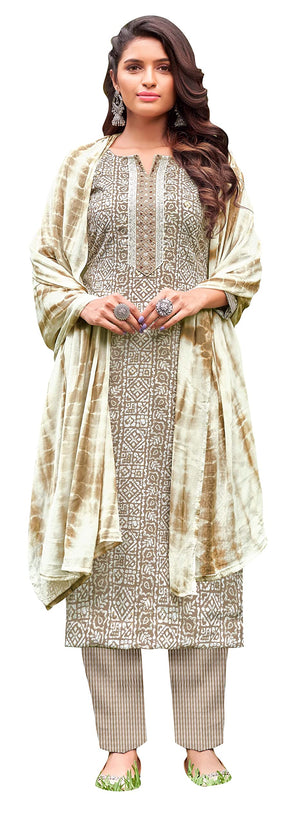 DRAVINAM Trends Women's Cotton Print Unstitched Suit Set (Grey)