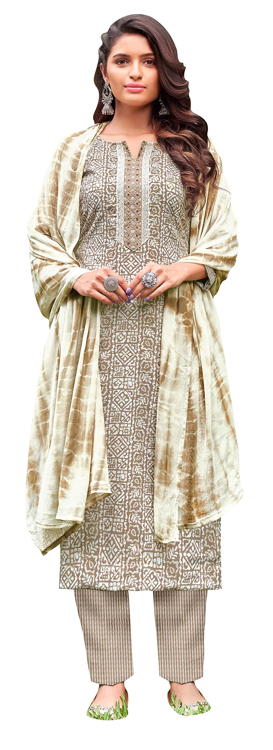 DRAVINAM Trends Women's Cotton Print Unstitched Suit Set (Grey)