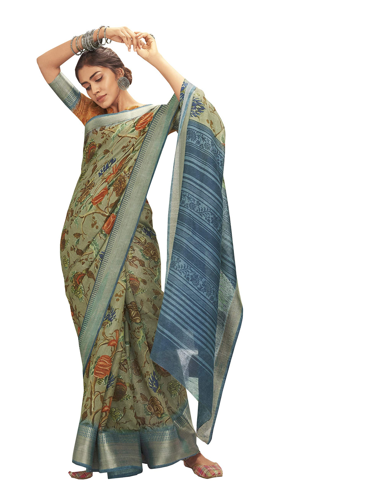 DRAVINAM Trends Women's Banarasi Linen Saree With Unstitched Blouse Piece (SareeML_10_Sea Green)