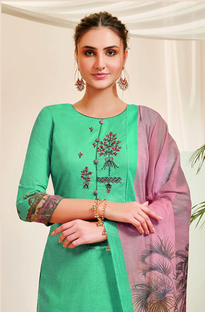 DRAVINAM Trends Women's Unstitched Pure Lawn Digital Printed Placement Embroidered Cotton Salwar Suit Dress Material with Mal Mal Cotton Digital Printed Dupatta (Parrot Green)