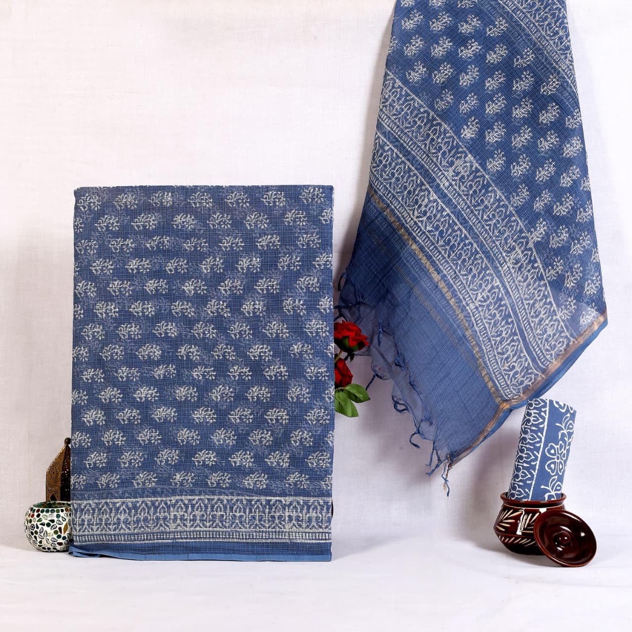 DRAVINAM Trends Jaipuri Hand Block Print Pure Kota Doriya Unstitched Suit Dress Material with Kota Doriya Hand Printed Dupatta
