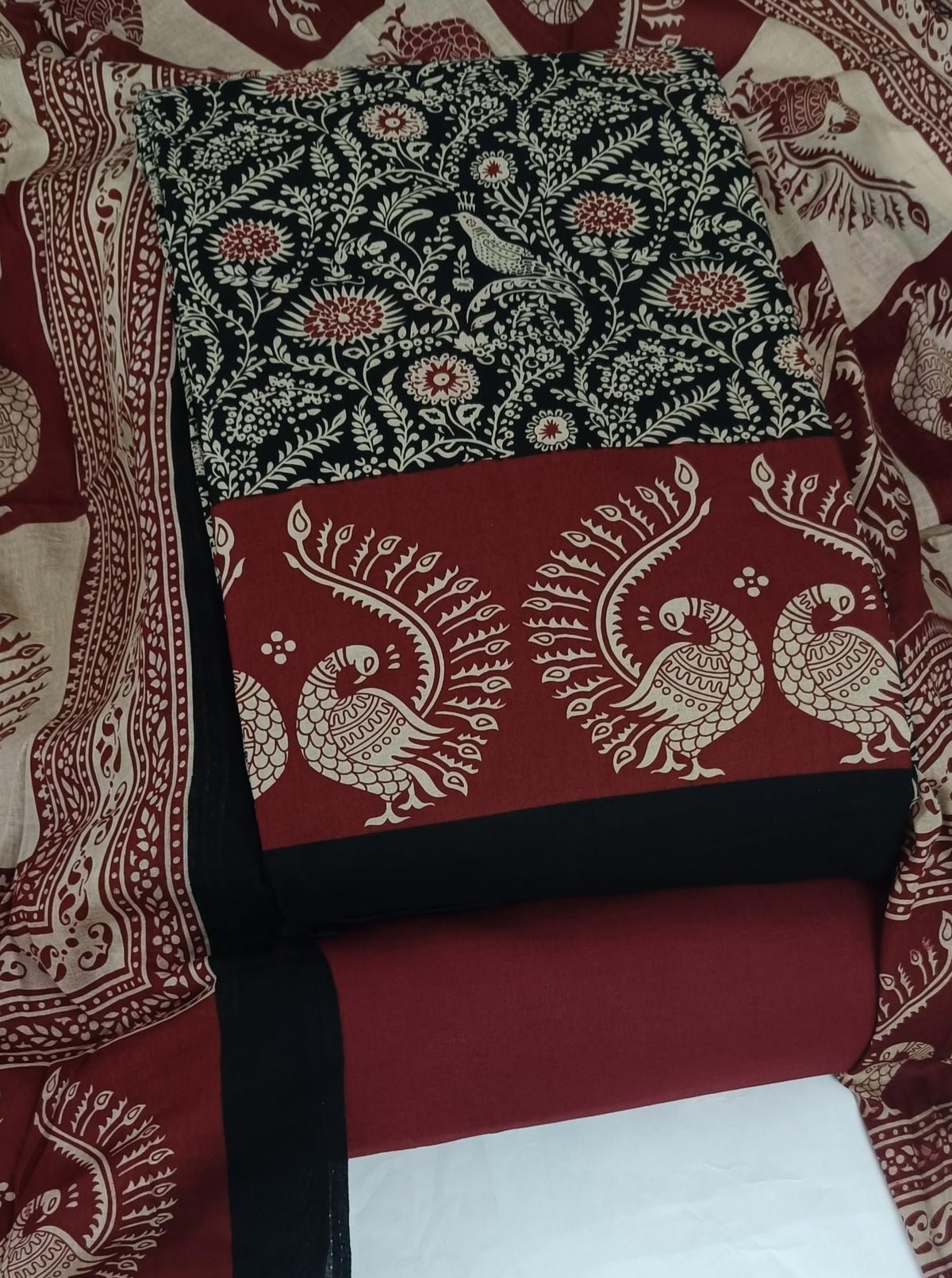DRAVINAM Trends Women's Handblock Dabu Print Pure Cotton Unstitched Salwar Suit Dress Material with Peacock Motif & Mulmul Dupatta