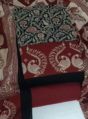 DRAVINAM Trends Women's Handblock Dabu Print Pure Cotton Unstitched Salwar Suit Dress Material with Peacock Motif & Mulmul Dupatta