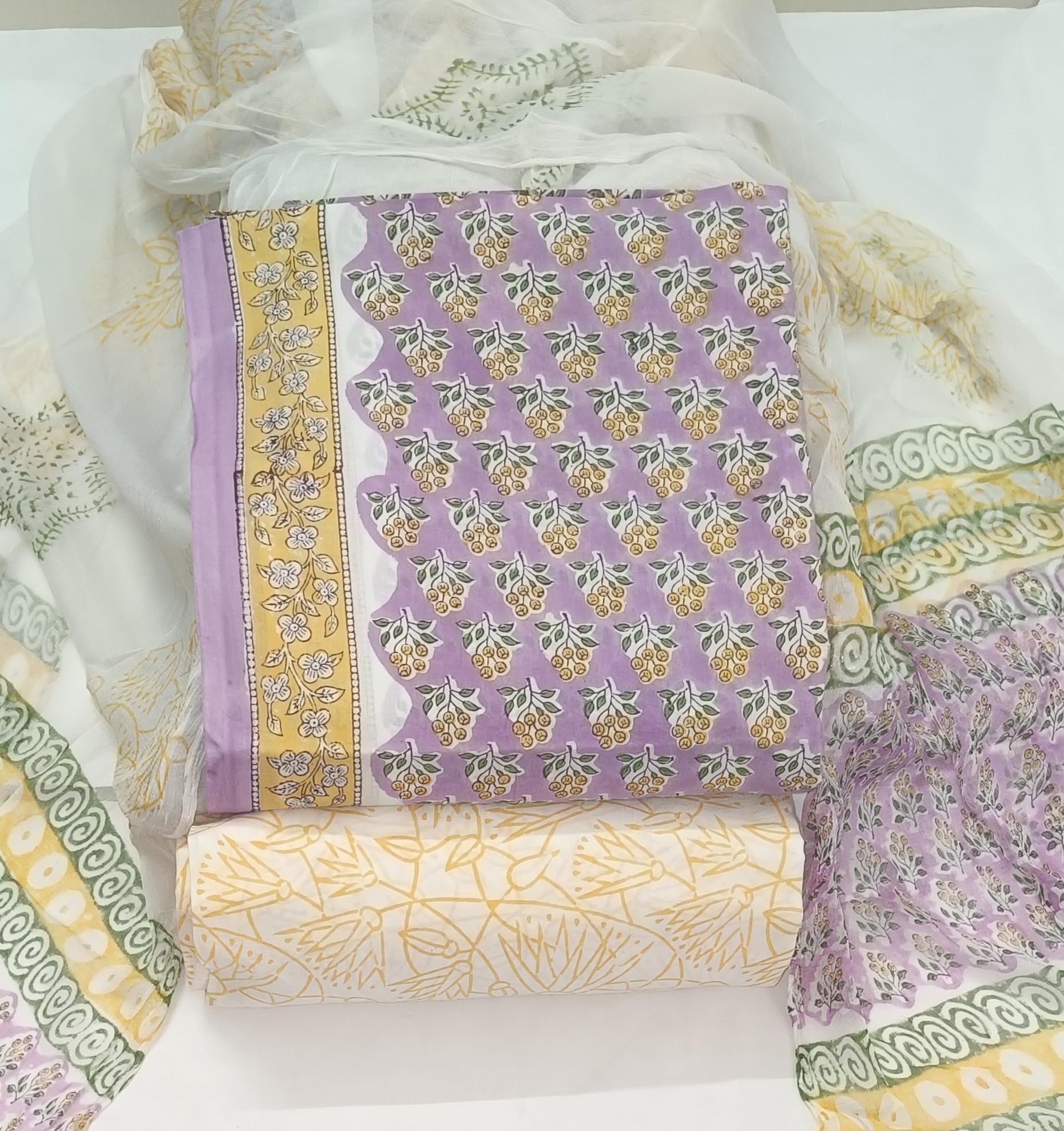 DRAVINAM Trends Hand Block Print Pure Cambric Cotton Unstitched Suit Material with Chiffon Hand Printed Dupatta