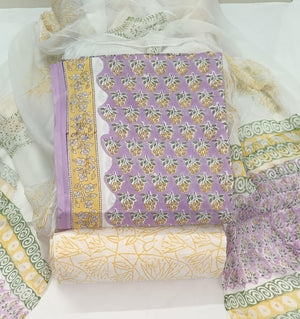 DRAVINAM Trends Hand Block Print Pure Cambric Cotton Unstitched Suit Material with Chiffon Hand Printed Dupatta