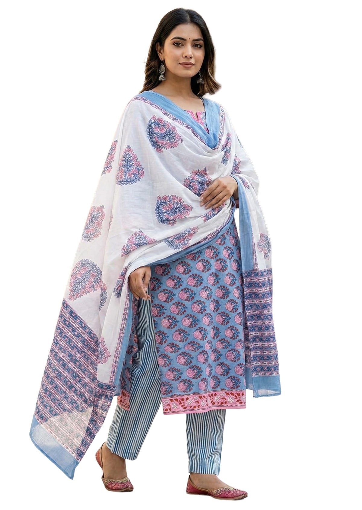 DRAVINAM Trends Hand Block Print Sanganeri Cambric Unstitched Cotton Suit Dress Material for Women with Mulmul Cotton Hand Printed Dupatta
