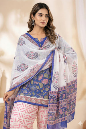 DRAVINAM Trends Hand Block Print Cambric Cotton Unstitched Salwar Suit Set for Women with Pure Chiffon Hand Printed Dupatta