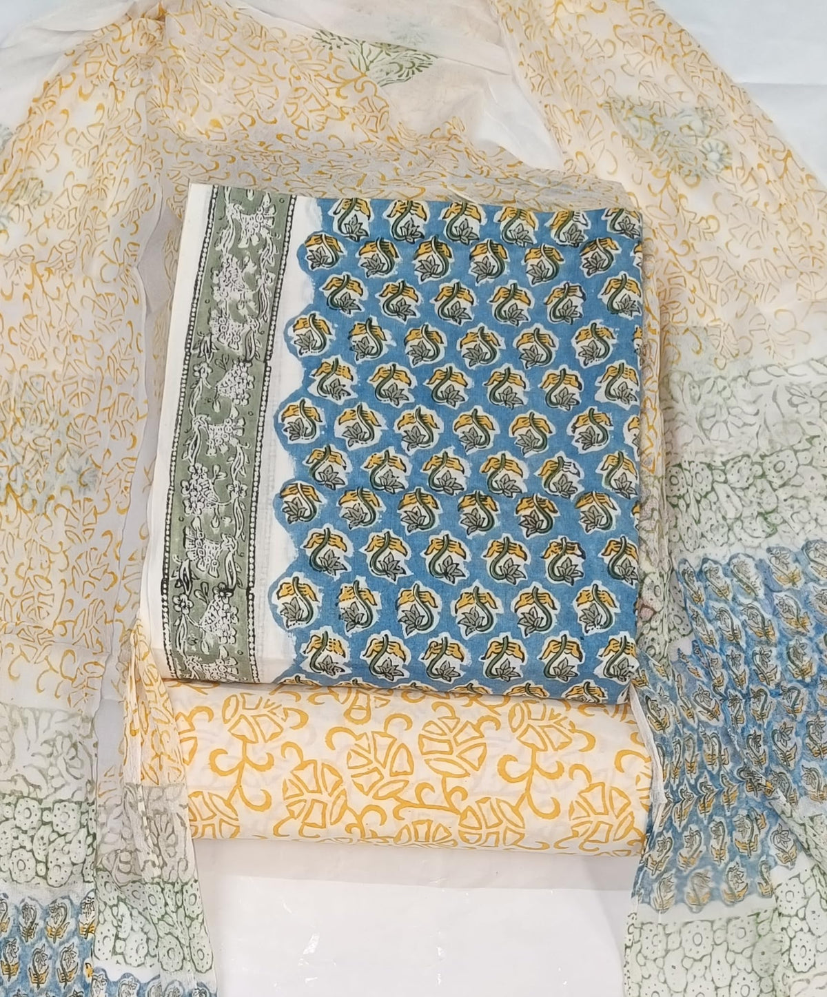 DRAVINAM Trends Hand Block Print Cambric Cotton Unstitched Salwar Suit Set for Women with Pure Chiffon Hand Printed Dupatta