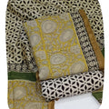 Women's Elegant Beige and Black Chanderi Block Printed Unstitched Salwar Suit Dress Material with Cotton Bottom & Zari Border Dupatta