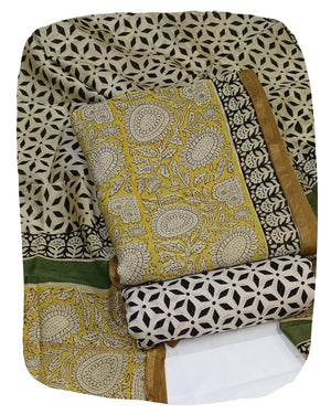 Women's Elegant Beige and Black Chanderi Block Printed Unstitched Salwar Suit Dress Material with Cotton Bottom & Zari Border Dupatta
