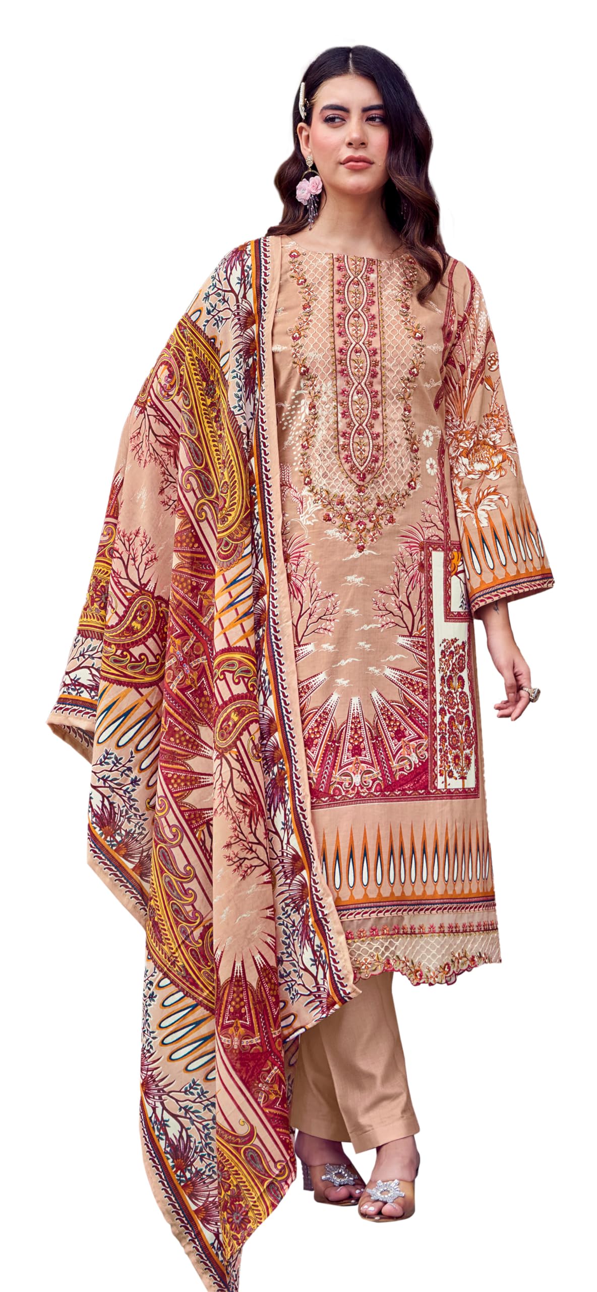 DRAVINAM Trends Women's Unstitched Salwar Suit Dress Material - Cotton Digital Printed Organza Embroidered Kameez II Unstitch Bottoms II Cotton Dupatta