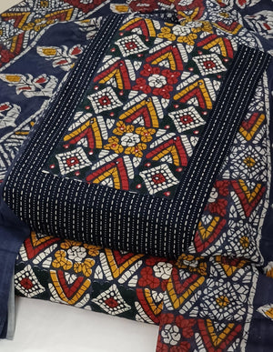 DRAVINAM Trends Women's Unstitched Cambric Cotton Dress Material Salwar Suit Set with Dupatta | Geometric Batik Print & Embellished Neckline (Multicolor)
