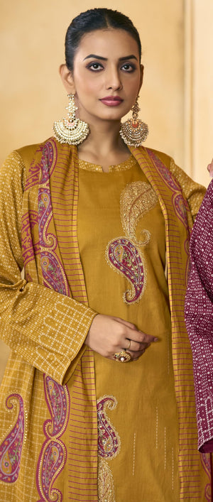 DRAVINAM Trends Women's Unstitched Salwar Suit Dress Material Pure Jam Silk Discharge Print Embroidered Hand Work Kameez Plain Unstitched Bottoms and Pure Lawn Digital Foil Print Dupatta