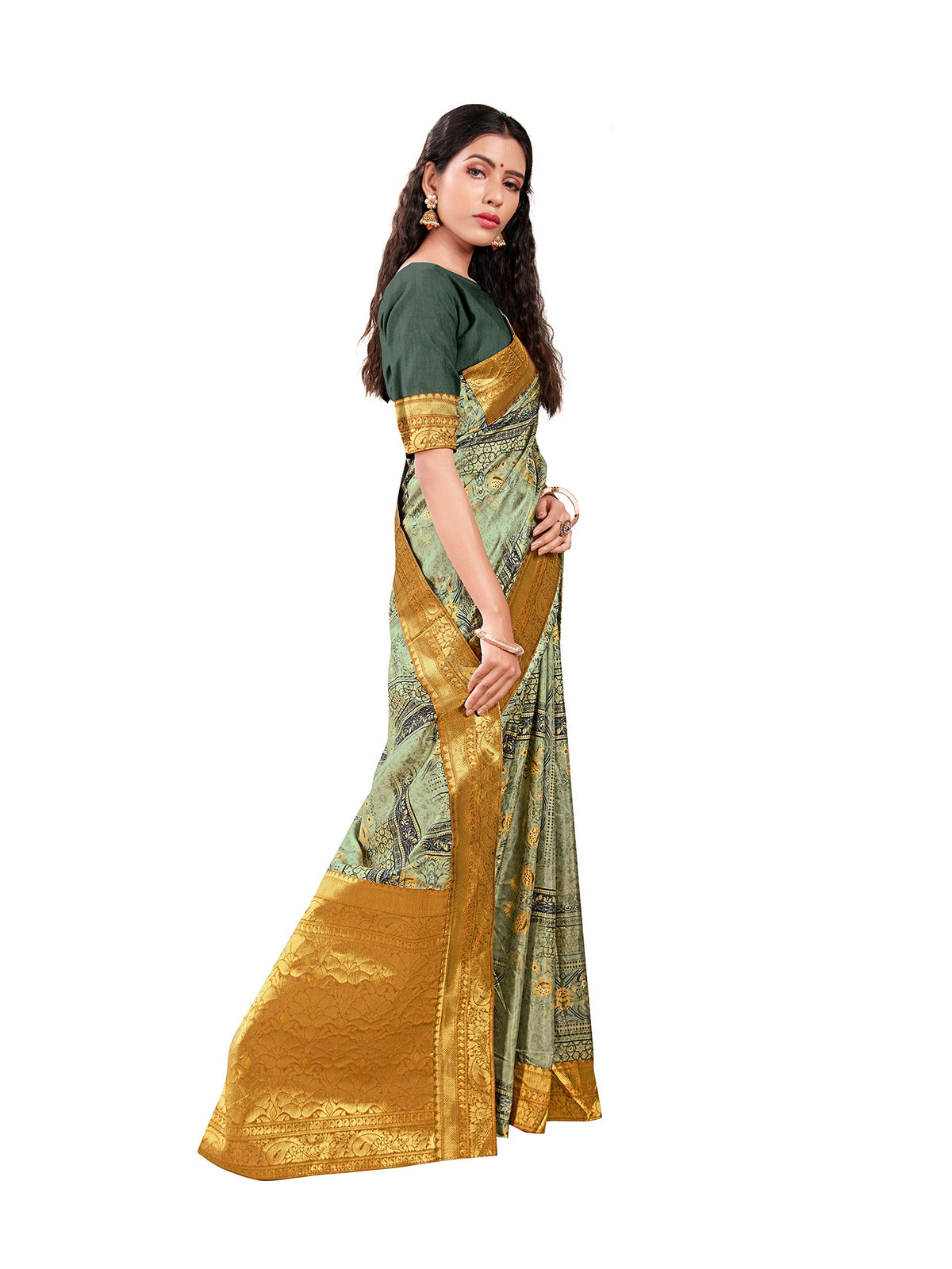 DRAVINAM Trends Printed silk saree with Jacquard Border and Blouse Piece (Green)