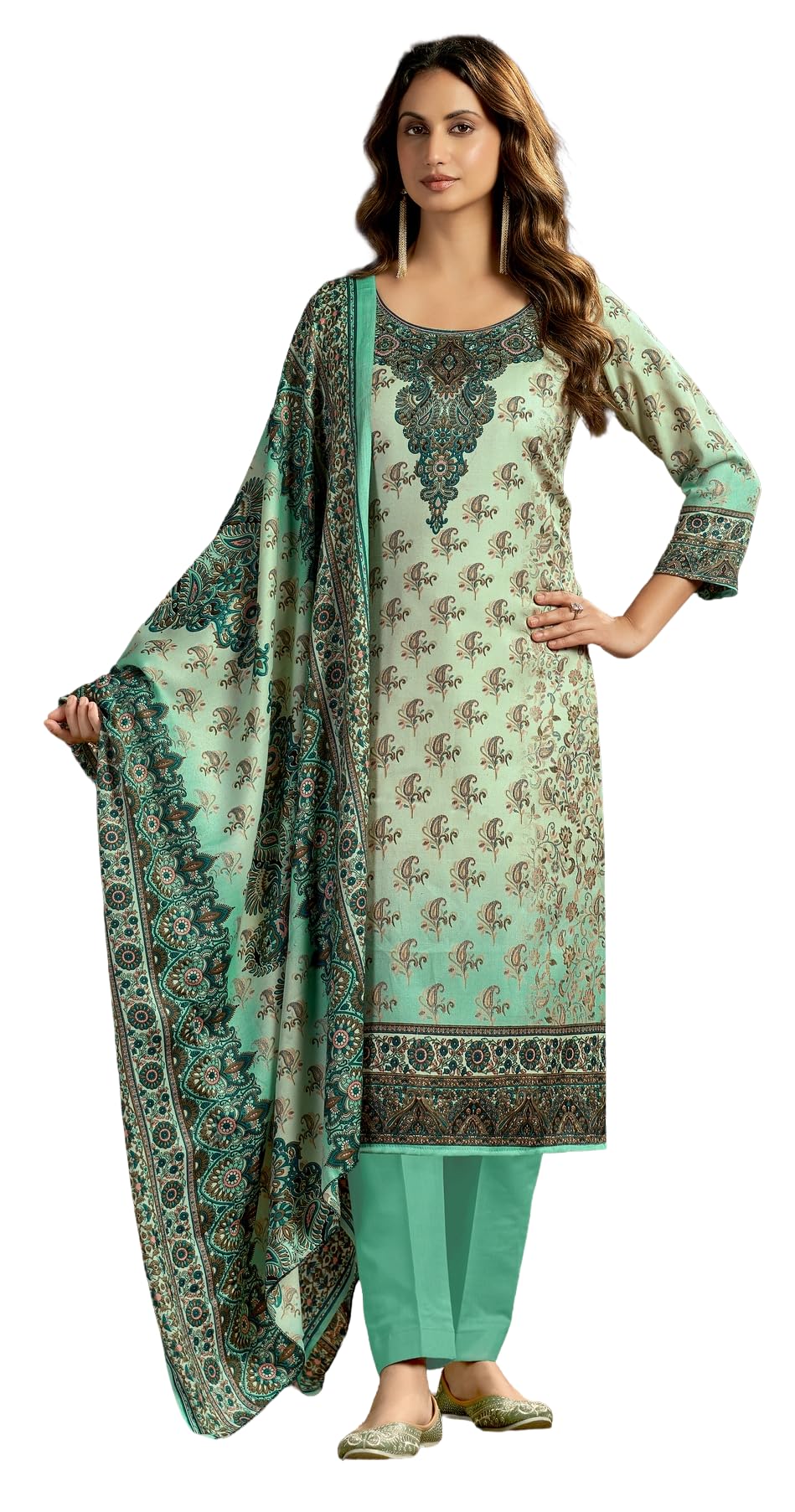 DRAVINAM Trends Women's Unstitched Kashmiri Print Woollen Pashmina Salwar Suit Dress Material with Pashmina Printed Shawl Dupatta (Free Size) (Grey)